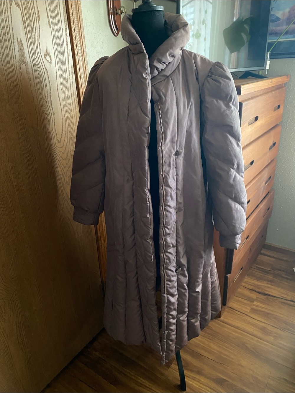 Windsor Long Puff Sleeve Puffer Coat in Taupe